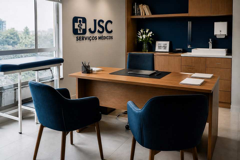 Ambientação institucional de consultório com a marca JSC Serviços Médicos aplicada na parede